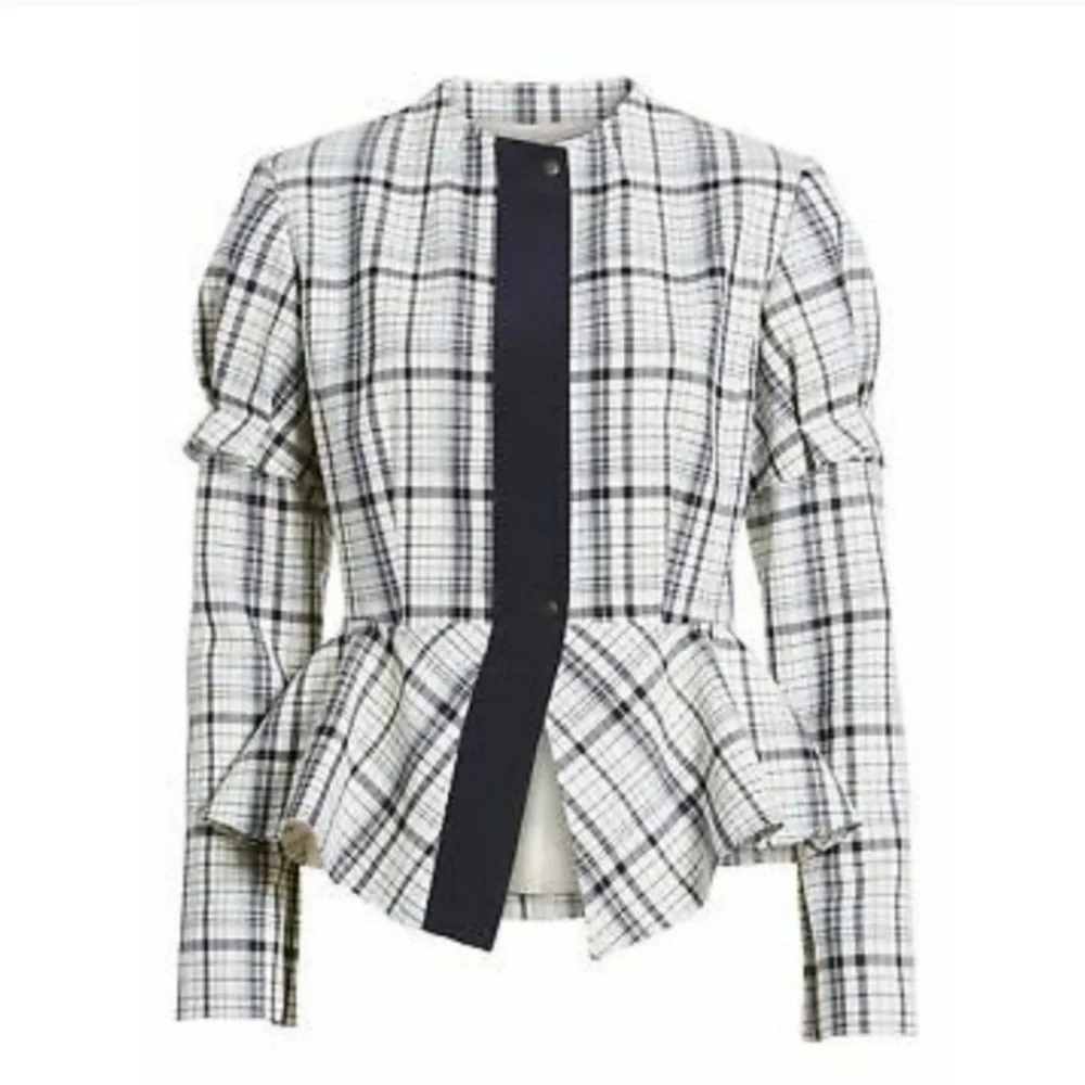 LEWIT WHITE & BLUE CHECK PLAID VIRGIN WOOL RAW EDGE PEPLUM JACKET Sz S - Picture 3 of 8
